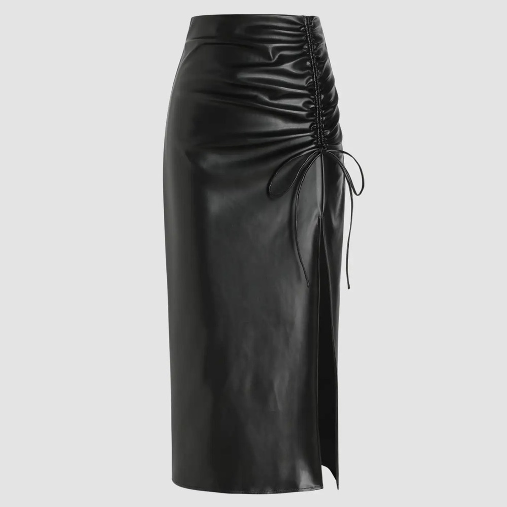CIDER FAUX LEATHER HIGH WAIST DRAWSTRING SPLIT MAXI SKIRT BLACK SIZE LARGE